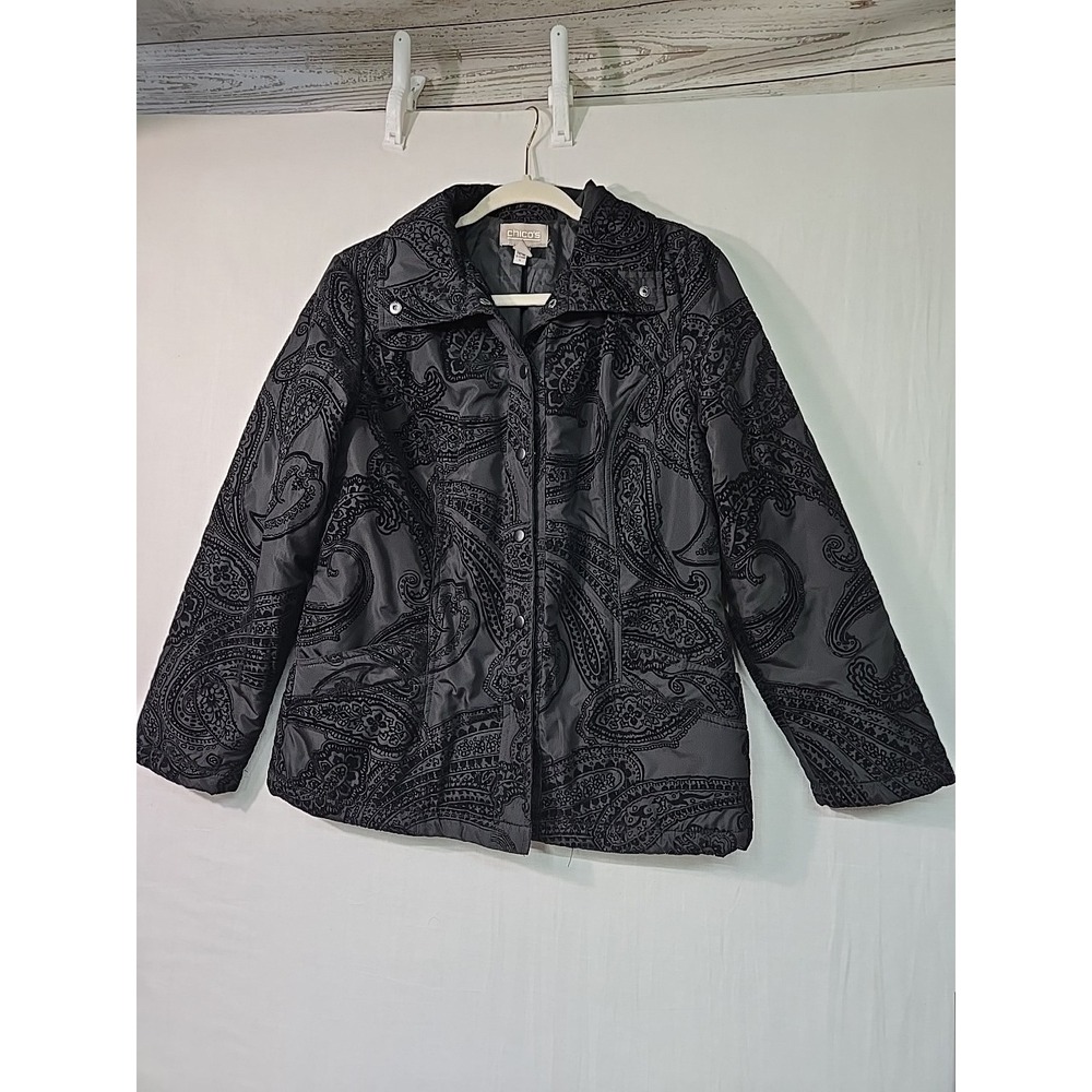 Chico's Black Flocked Paisley Snap Button Jacket Size 0‎ (Small) Pockets